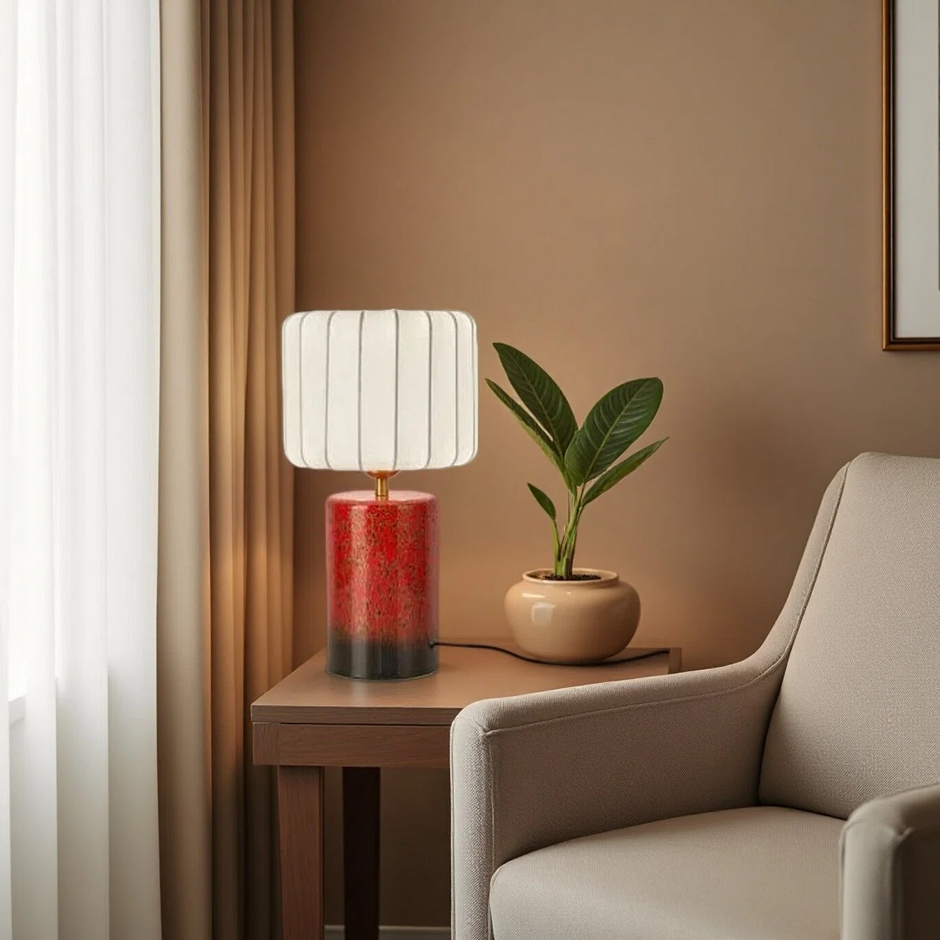 Artisanal Red Ceramic Table Lamp | Vintage Warm Light for Bedroom & Living Room