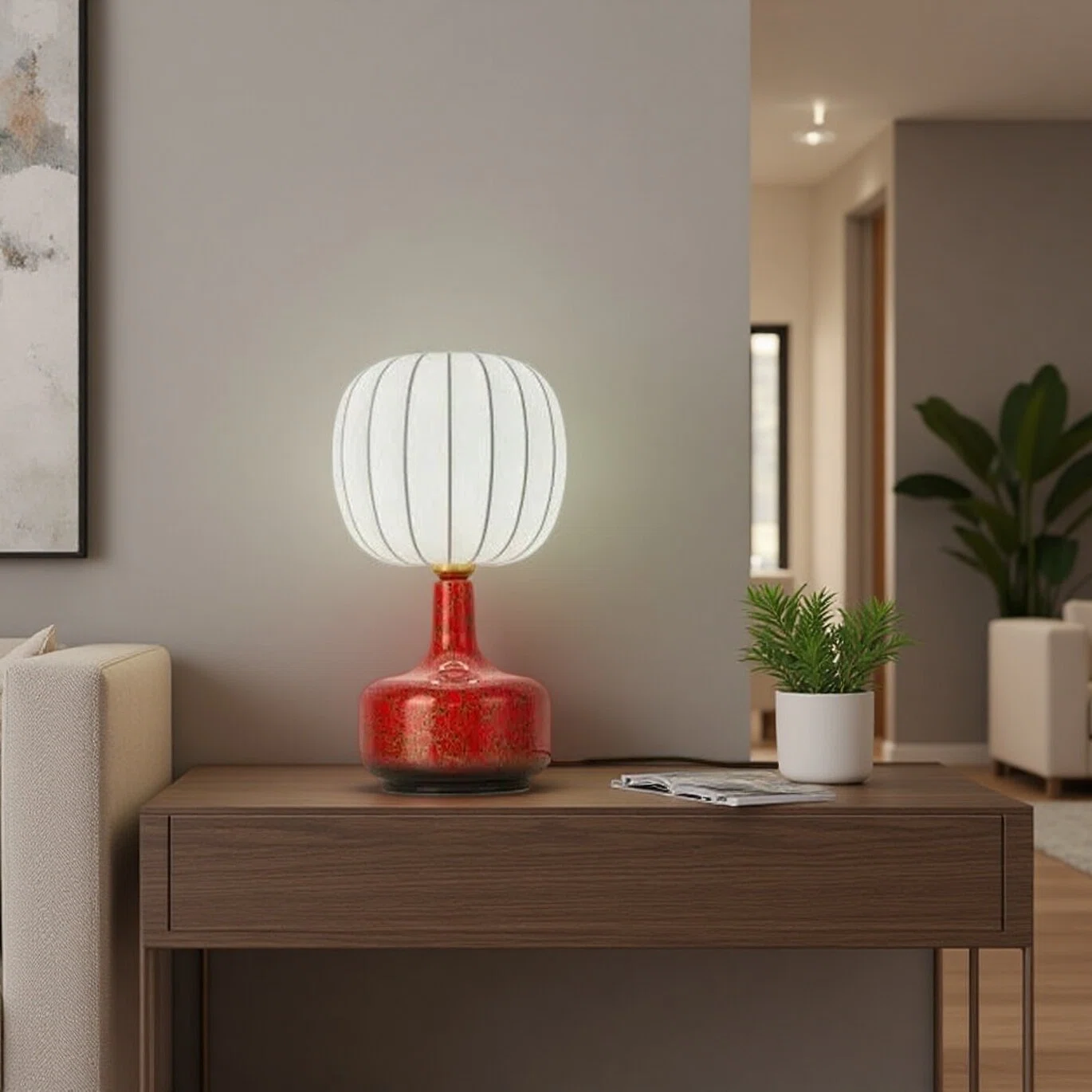 Artisanal Red Ceramic Table Lamp | Vintage Warm Light for Bedroom & Living Room