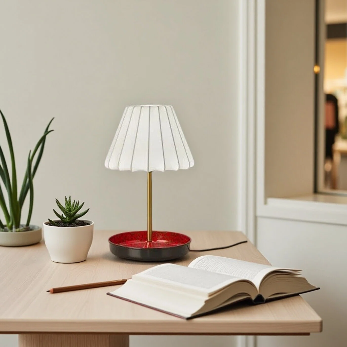 Artisanal Red Ceramic Table Lamp | Vintage Warm Light for Bedroom & Living Room