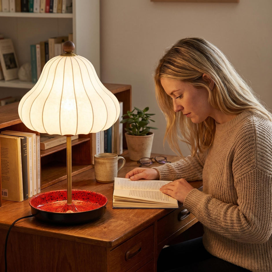 Artisanal Red Ceramic Table Lamp | Vintage Warm Light for Bedroom & Living Room