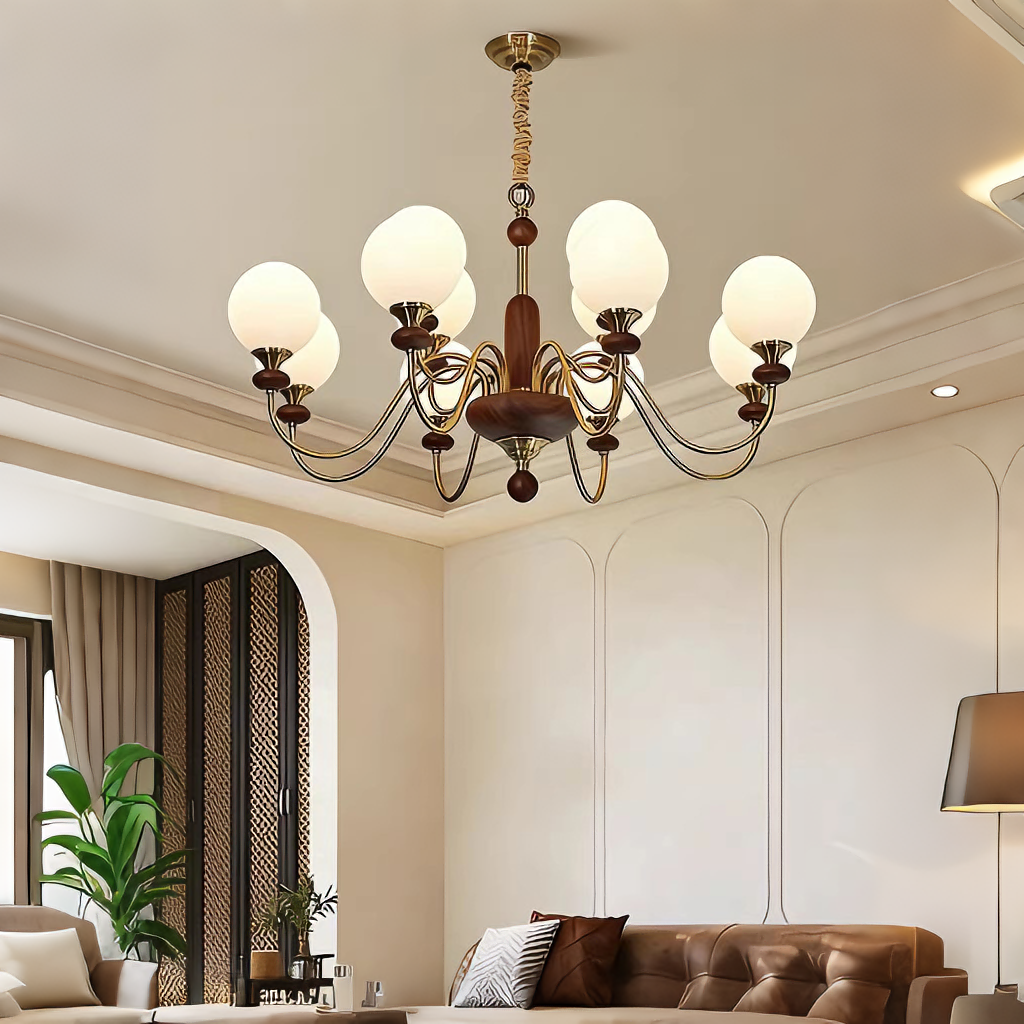 Mid-Century Modern Walnut & Brass Globe Chandelier, Vintage 6/8-Light Frosted Glass Pendant Light for Living Room, Bedroom & Dining Room