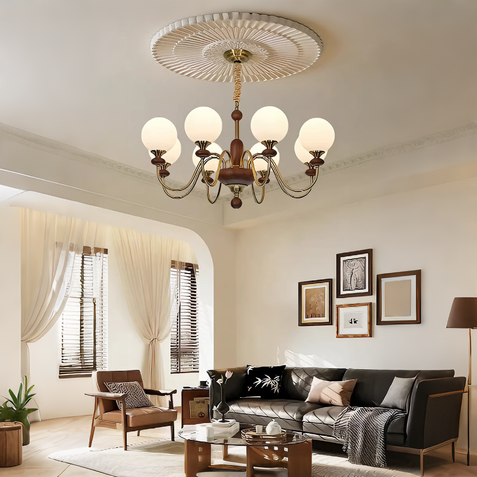 Mid-Century Modern Walnut & Brass Globe Chandelier, Vintage 6/8-Light Frosted Glass Pendant Light for Living Room, Bedroom & Dining Room