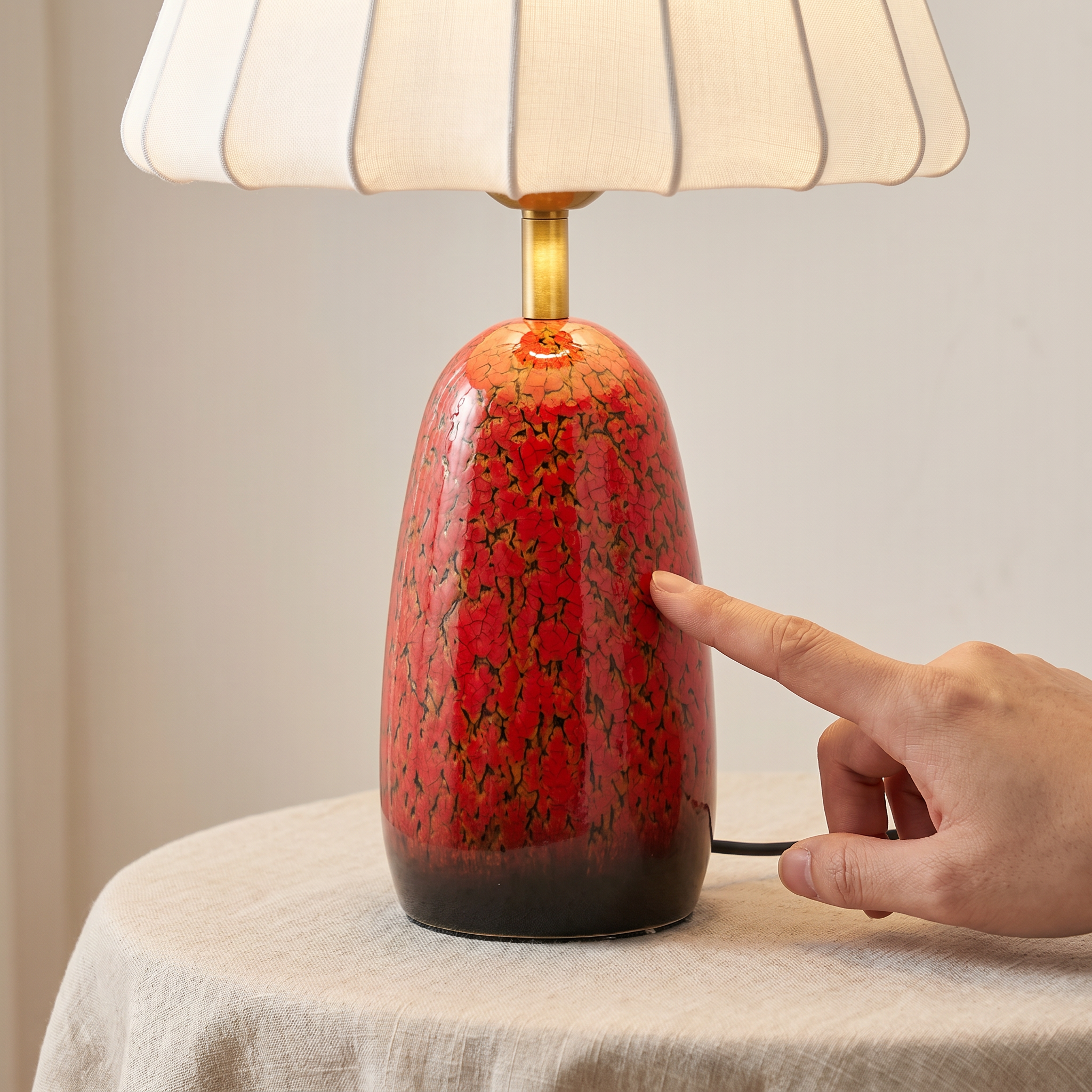 Artisanal Red Ceramic Table Lamp | Vintage Warm Light for Bedroom & Living Room