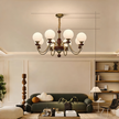 Mid-Century Modern Walnut & Brass Globe Chandelier, Vintage 6/8-Light Frosted Glass Pendant Light for Living Room, Bedroom & Dining Room