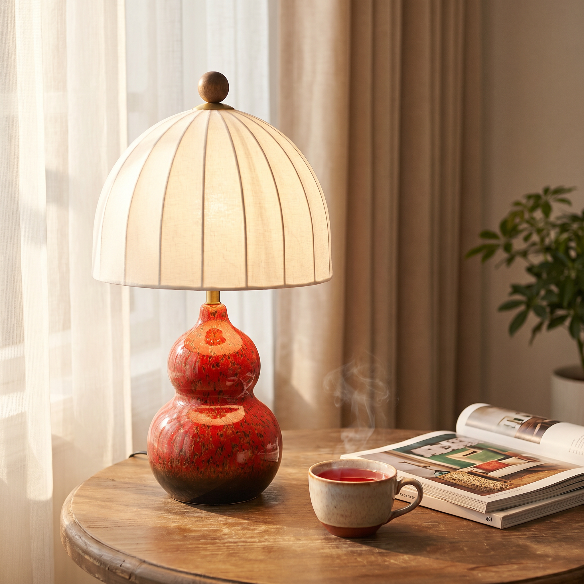 Artisanal Red Ceramic Table Lamp | Vintage Warm Light for Bedroom & Living Room