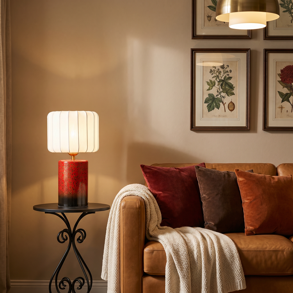 Artisanal Red Ceramic Table Lamp | Vintage Warm Light for Bedroom & Living Room