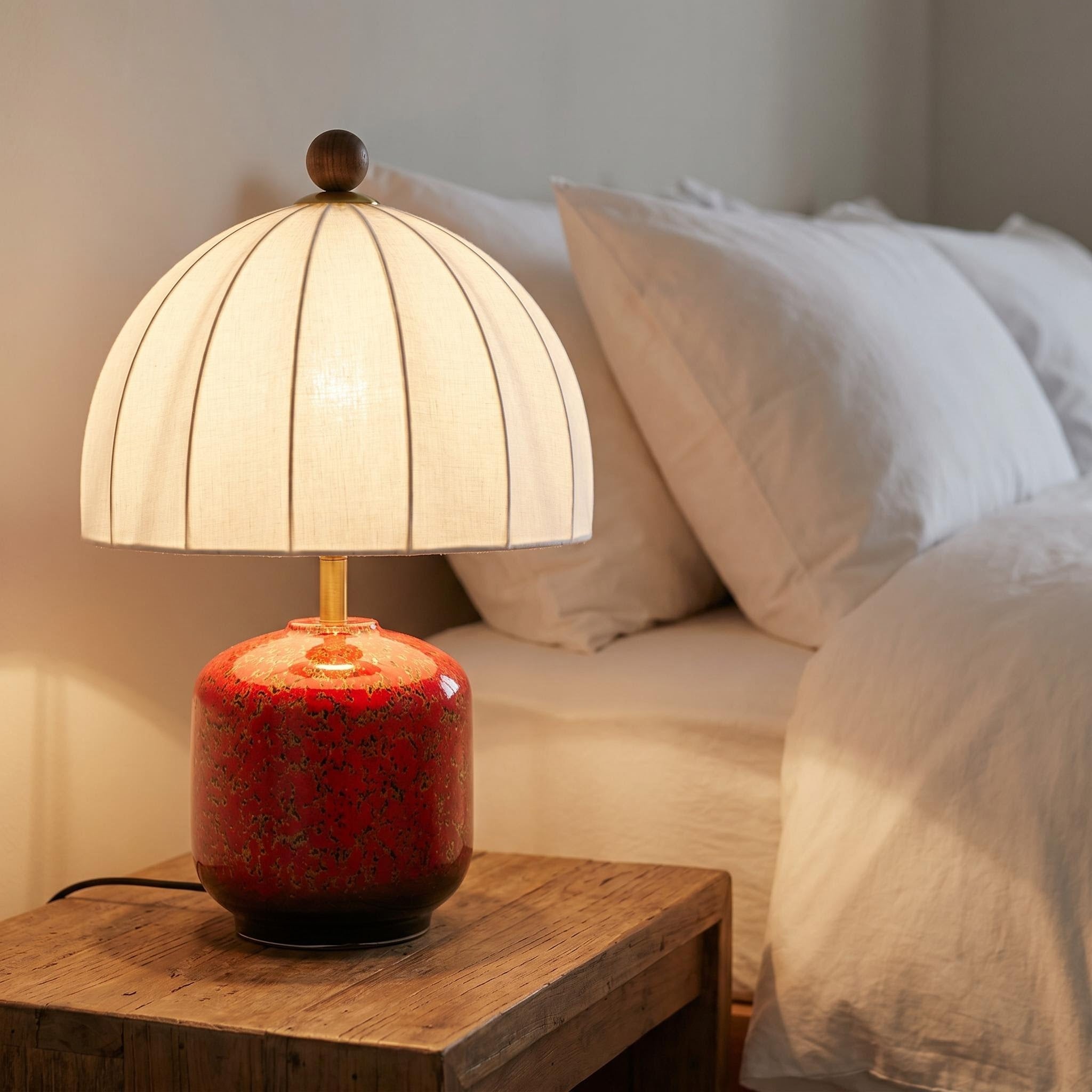 Artisanal Red Ceramic Table Lamp | Vintage Warm Light for Bedroom & Living Room