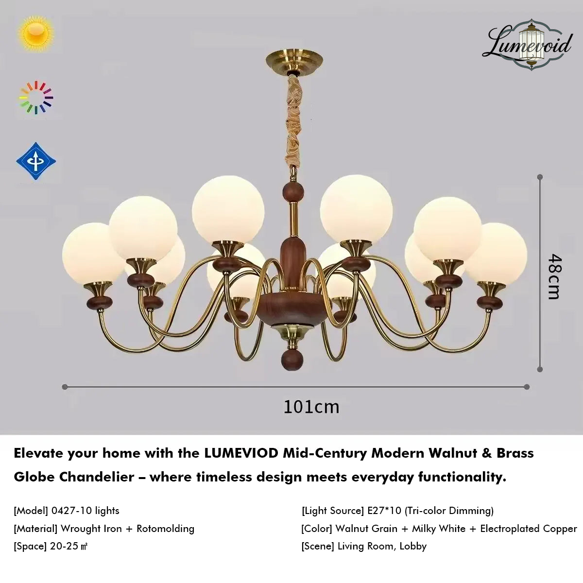 Mid-Century Modern Walnut & Brass Globe Chandelier, Vintage 6/8-Light Frosted Glass Pendant Light for Living Room, Bedroom & Dining Room
