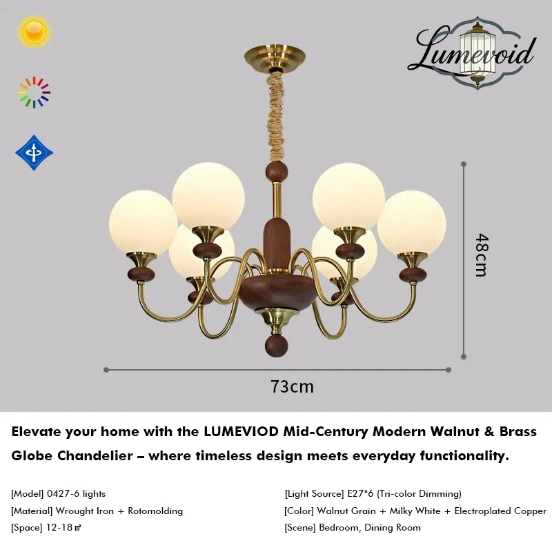 Mid-Century Modern Walnut & Brass Globe Chandelier, Vintage 6/8-Light Frosted Glass Pendant Light for Living Room, Bedroom & Dining Room