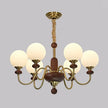 Mid-Century Modern Walnut & Brass Globe Chandelier, Vintage 6/8-Light Frosted Glass Pendant Light for Living Room, Bedroom & Dining Room