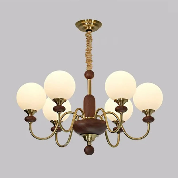 Mid-Century Modern Walnut & Brass Globe Chandelier, Vintage 6/8-Light Frosted Glass Pendant Light for Living Room, Bedroom & Dining Room