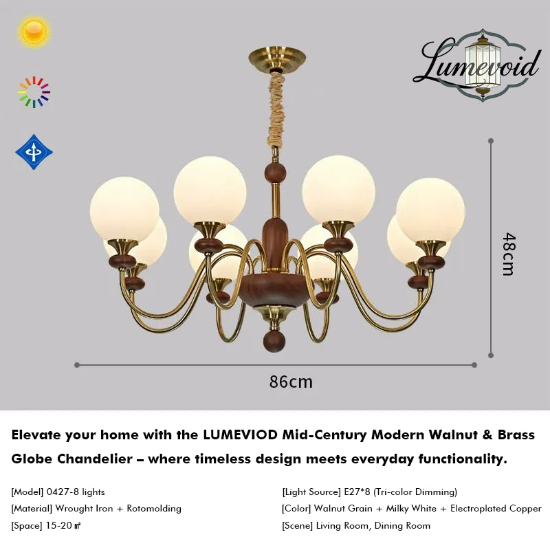 Mid-Century Modern Walnut & Brass Globe Chandelier, Vintage 6/8-Light Frosted Glass Pendant Light for Living Room, Bedroom & Dining Room